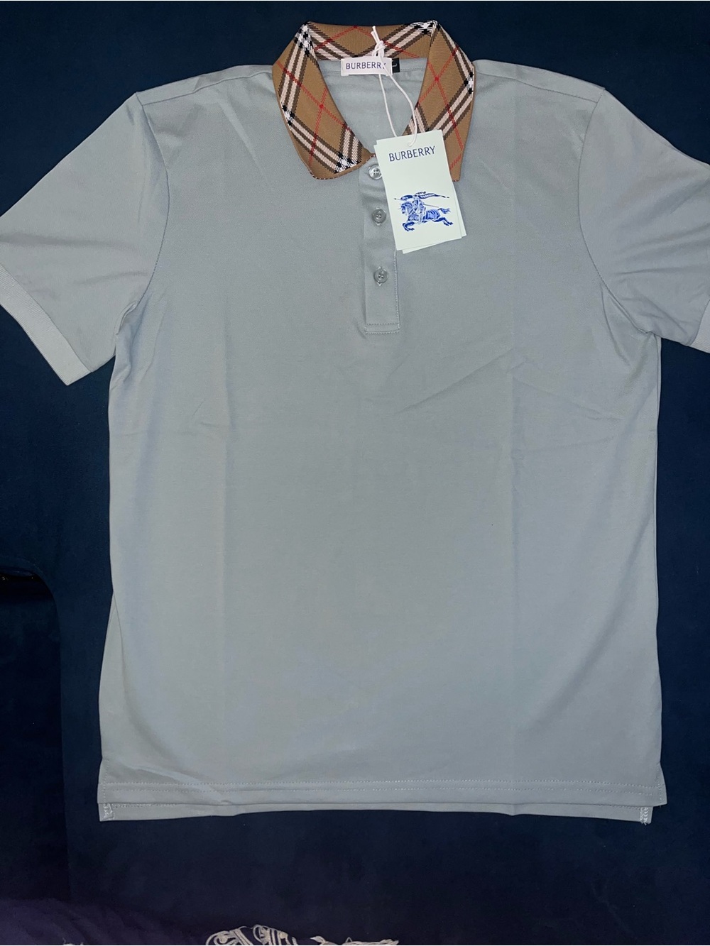 Burberry Men’s Light Gray Polo with Classic Check Collar